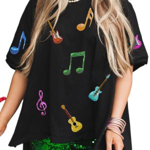Women's Black Oversized Graphic Tee with Guitar Music Notes Patch