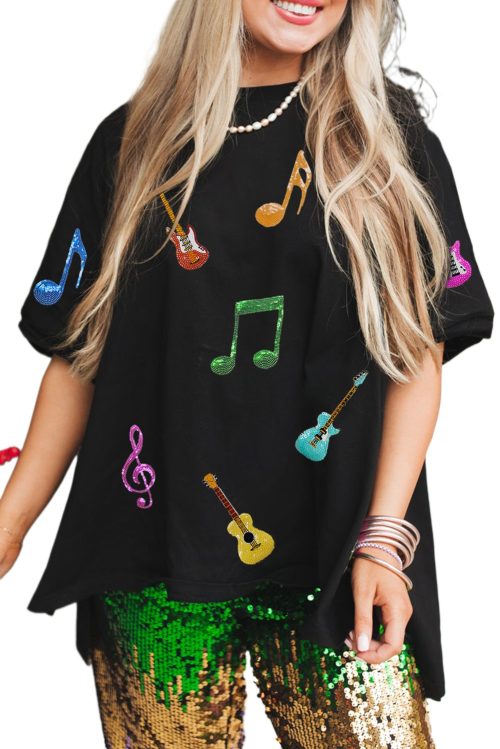 Women's Black Oversized Graphic Tee with Guitar Music Notes Patch