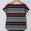 Women's Black Stripe Multicolor Contrast Edge Crew Neck T-Shirt - Image 8