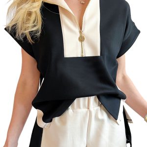 Women's Black Contrast Zipped Stand Collar T-Shirt and Short Set - Casual Color Block Design