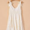 Women's Oatmeal Solid Color Tied Straps Ruffle Tiered Mini Dress - Casual Summer Style - Image 9