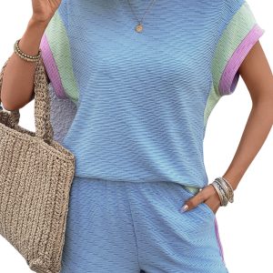 Women's Beau Blue Corded Knit Color Block Round Neck Cap Sleeve 2-Piece Short Set