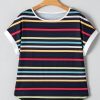 Women's Black Stripe Multicolor Contrast Edge Crew Neck T-Shirt - Image 7