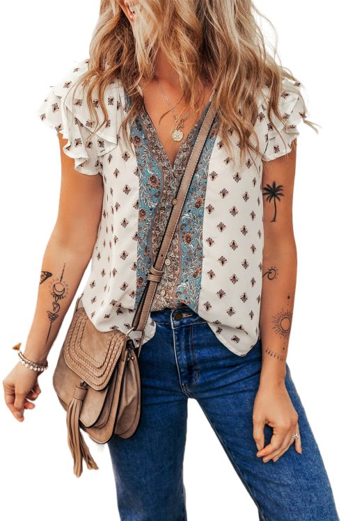 Women's White Boho Pattern V Neck Blouse with Tiered Ruffled Sleeves