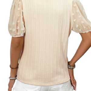 Women's Apricot Polka Dot Mesh Puff Sleeve Textured Blouse - Elegant Casual Top