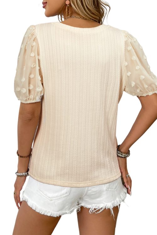 Women's Apricot Polka Dot Mesh Puff Sleeve Textured Blouse - Elegant Casual Top