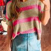 Women's Pink Stripe Colorblock Short Sleeve Lightweight Sweater - Image 2