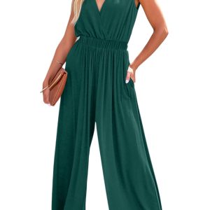 Elegant Blackish Green Deep V Pleated Crisscross Wide Leg Backless Jumpsuit for Women