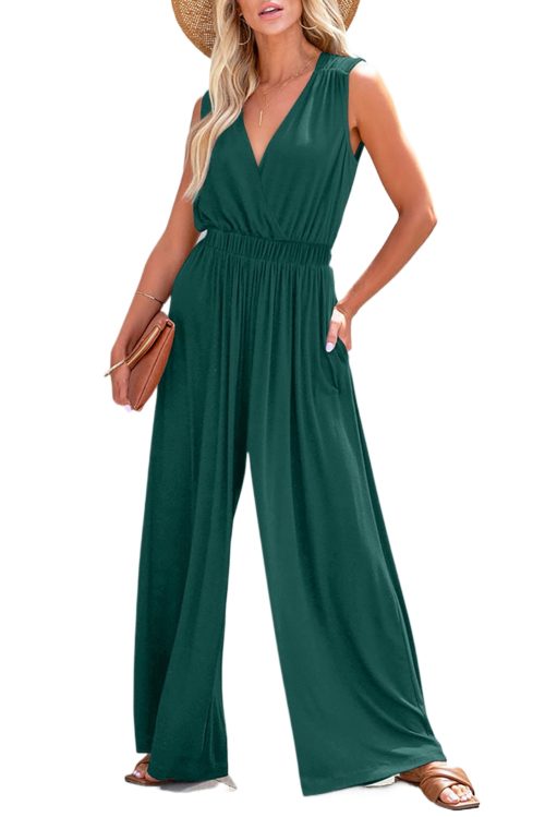 Elegant Blackish Green Deep V Pleated Crisscross Wide Leg Backless Jumpsuit for Women