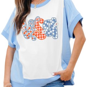 Women's Sky Blue USA Graphic Color Block Crewneck T-Shirt with Star and Plaid Design