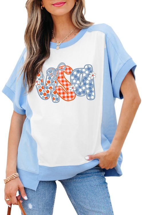Women's Sky Blue USA Graphic Color Block Crewneck T-Shirt with Star and Plaid Design