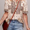 Women's Khaki Boho Floral Print Loose Blouse with Half Placket and Short Sleeves - Image 6