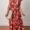 Women's Red Floral Print Midi Dress - Buttoned Front V Neck with Tiered Short Sleeves - Image 8