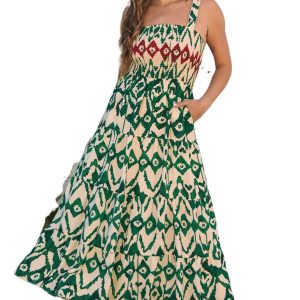 Women's Green Western Aztec Shirred Sleeveless Maxi Dress - Trendy Boho Style