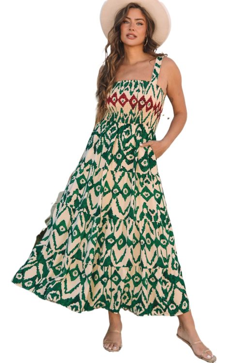 Women's Green Western Aztec Shirred Sleeveless Maxi Dress - Trendy Boho Style