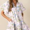 Women's Pink Floral Striped Print Mini Dress with Contrast Trim and Tie Split Neck - Image 2
