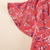 Women's Red Floral Crinkled Blouse with Tie Split Neck and Short Flounce Sleeves - Image 8