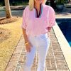 Women's Sachet Pink Striped Print Contrast Split Neck Dolman Sleeve Blouse - Image 4