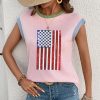Women's Pink Colorblock Sequin American Flag Casual T-Shirt with Twisted Rib Texture - Image 6