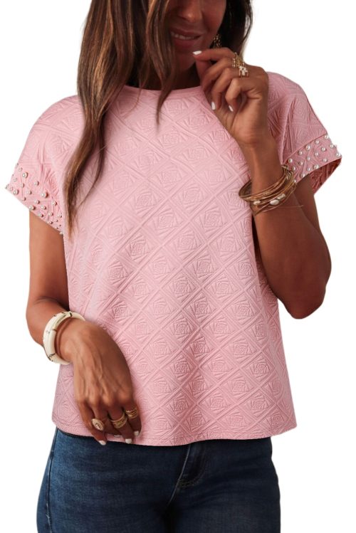 Women's Light Pink Pearl Embellished Floral Textured T-Shirt
