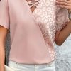 Women's Apricot Pink Leopard Jacquard Patchwork Crisscross V Neck Short Sleeve Blouse - Image 13