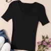 Women's Black V Neck Ribbed Knit Short Sleeve Sweater - Lightweight & Comfortable - Image 15