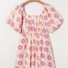Women's Rose Vibrant Floral Square Neck Puff Sleeve Pleated Flared Midi Dress for Summer - Image 14