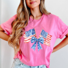 Women's Sachet Pink Dual American Flag Bow Printed Casual T-Shirt - Image 3