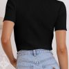 Women's Black V Neck Ribbed Knit Short Sleeve Sweater - Lightweight & Comfortable - Image 13