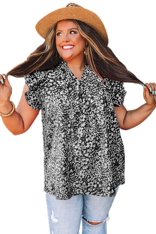 Women's Plus Size Black Floral Print Ruffle Sleeve Shift Top – V Neck Boho Style