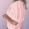 Women's Light Pink Textured Half Sleeve Blouse with Contrast Striped Collar - Image 3