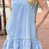 Trendy Beau Blue Denim Mini Dress with Bow Detail and Ruffle Hem - Image 6