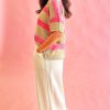 Women's Pink Stripe Colorblock Short Sleeve Lightweight Sweater - Image 3