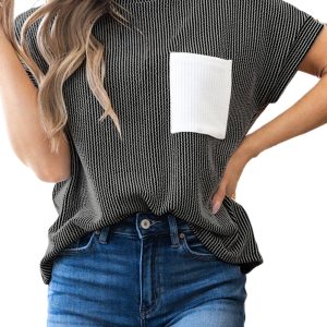 Women's Carbon Grey Corded Knit Color Block Crew Neck T-Shirt with Pocket
