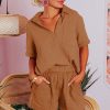 Women's Chestnut Crinkle Textured Polo Shirt and High Waist Shorts Set - Image 5