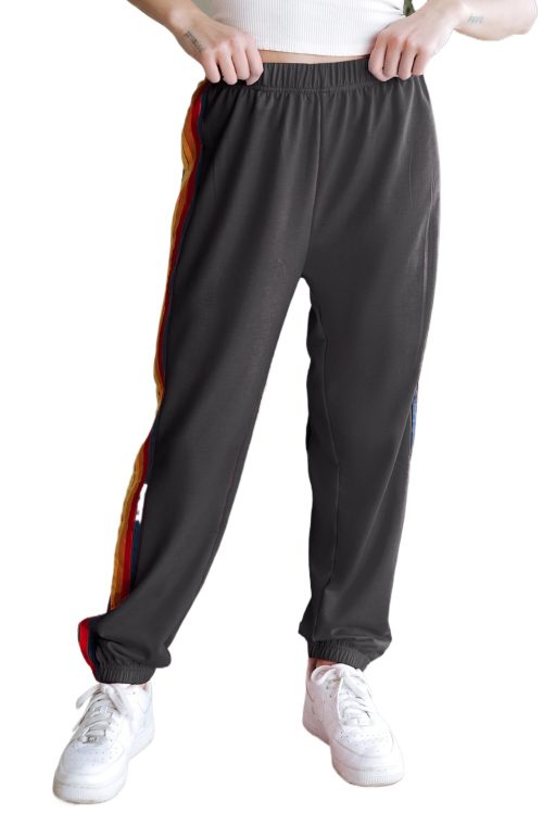 Women's Dark Grey High Waist Sweatpants with Playful Rainbow Stripes