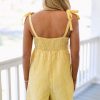Women's Bright Yellow Stripe Shoulder Tie Smocked Back Wide Leg Casual Romper - Image 2