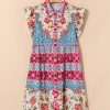 Women's Rose Floral Mixed Pattern Ruffle Flutter Sleeve Buttoned Dress - Image 3