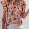 Charming Women's Orange Summer Flower Print Blouse with Ruffle Sleeves - Image 4
