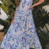 Women's Sky Blue Floral Print Maxi Dress with Self-Tie Straps and Ruffle Details - Image 6