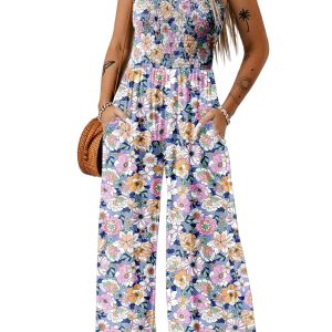 Women's Purple Floral Print Smocked High Waist Jumpsuit with Square Neckline