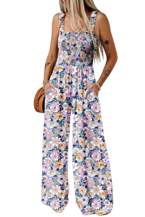 Women's Purple Floral Print Smocked High Waist Jumpsuit with Square Neckline