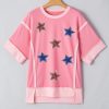 Women's Peach Blossom Sequin Star Graphic Tee - Contrast Patchwork Design - Image 10