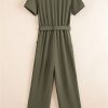 Women's Moss Green Half Button Belted Utility Short Sleeve Jumpsuit - Image 8