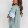 Women's Smoke Green Oversized T-Shirt with Frayed Denim Star Patch - Image 2