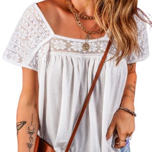 Women's White Hollowed Lace Patchwork Square Neck Short Sleeve Blouse
