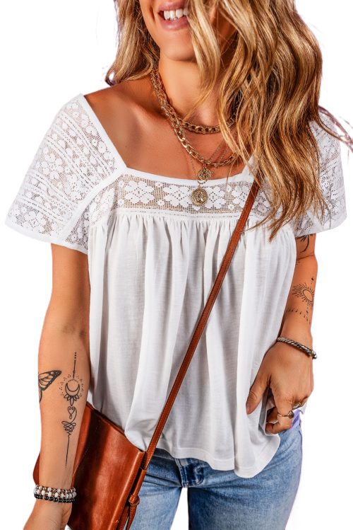 Women's White Hollowed Lace Patchwork Square Neck Short Sleeve Blouse