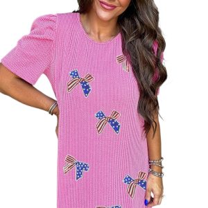Bright Pink Sequin Bow Spiral Ribbed Puff Sleeve T-Shirt Dress with Flag Pattern