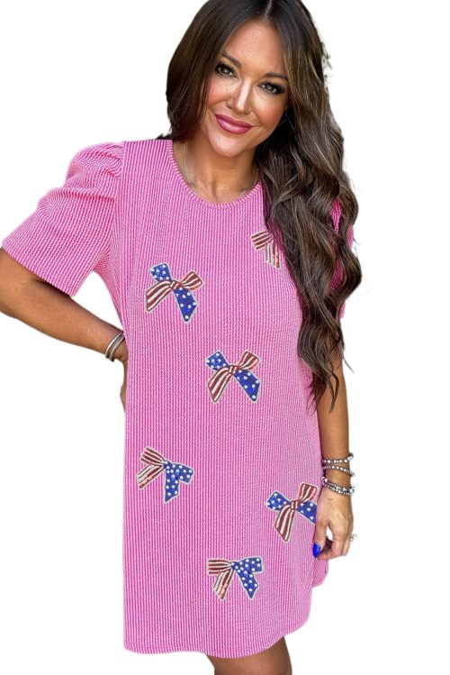 Bright Pink Sequin Bow Spiral Ribbed Puff Sleeve T-Shirt Dress with Flag Pattern