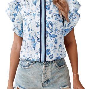 Women's Sky Blue Floral Print Ruffled Short Sleeve Blouse – Stylish Summer Top